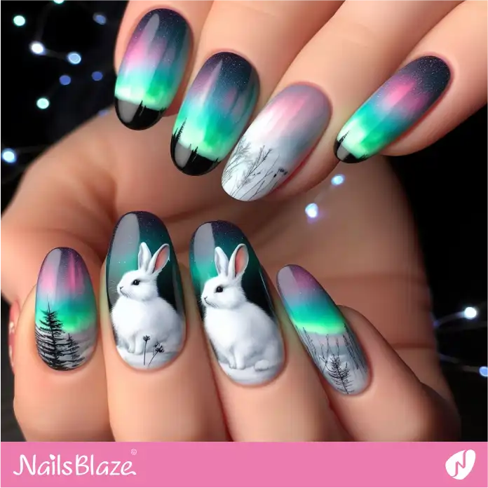 Magical Aurora View and Arctic Hares on Nails | Polar Wonders Nails - NB3115